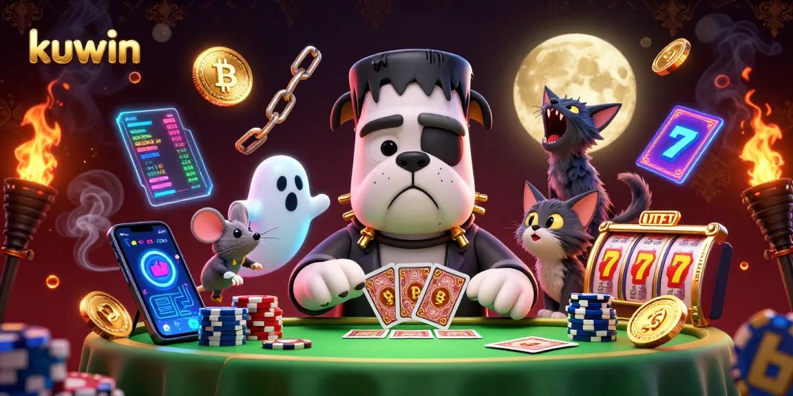 kuwin showcases a thrilling card game scene with a Frankenstein bulldog dealer amidst vibrant crypto elements.