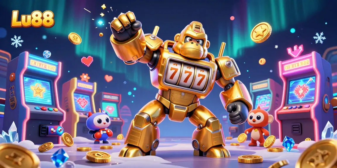 Experience thrilling gameplay at Lu88 with dynamic casino-themed illustrations and a 3D golden gorilla mech.