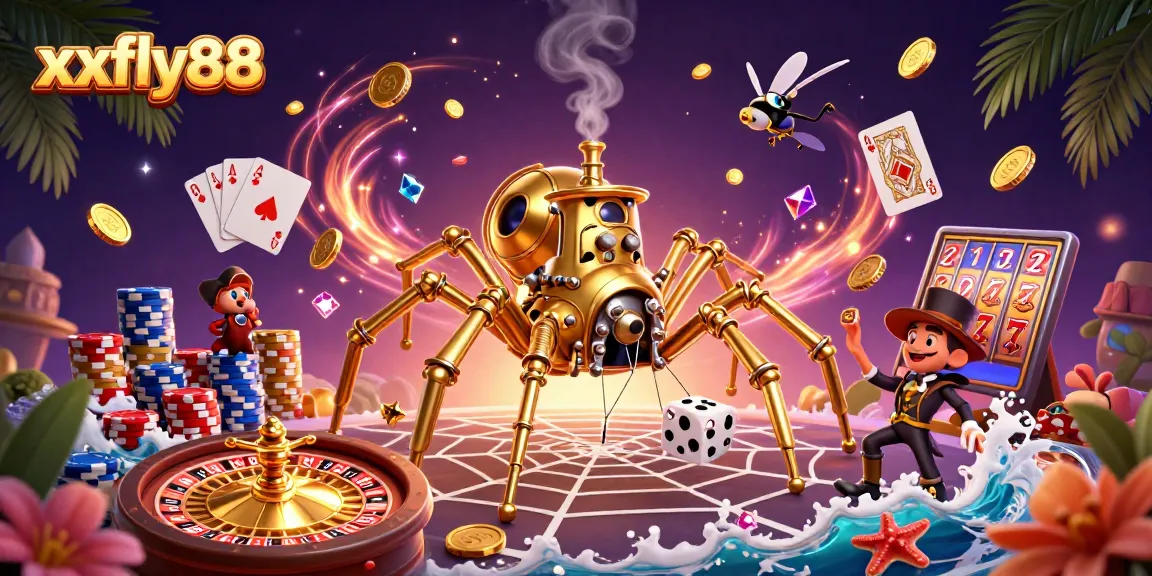 Experience thrilling gaming at xxfly88 with a steampunk spider and dazzling casino elements.