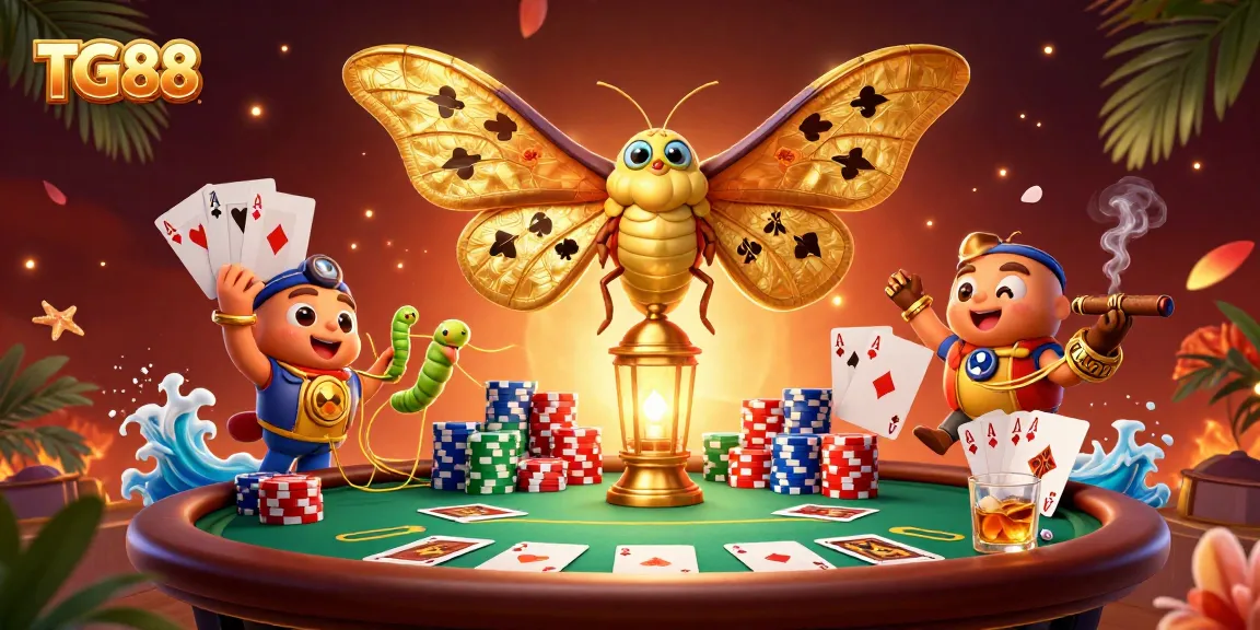 Experience the thrill of TG88 with a vibrant casino scene featuring a majestic moth and poker elements.