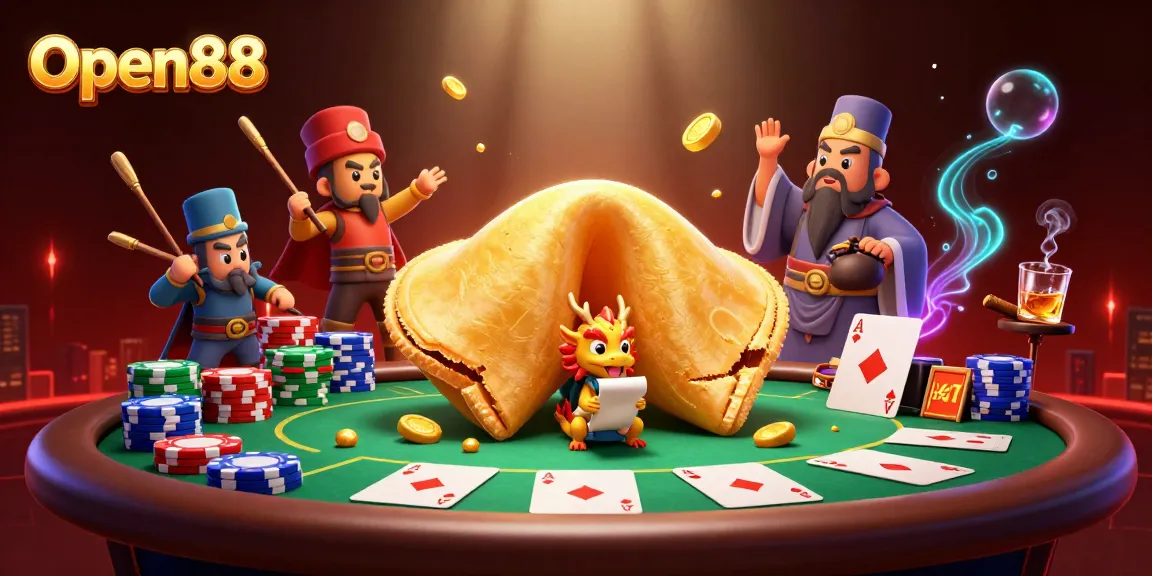 Open88: Engage with a vibrant casino scene showcasing poker action and festive characters.
