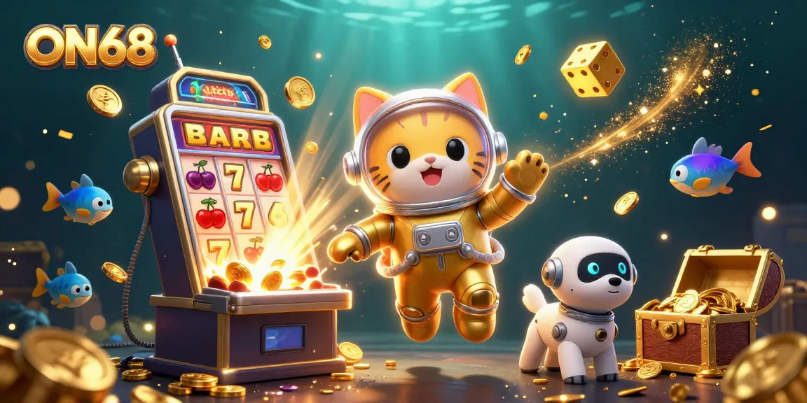 Experience gaming excitement at ON68 with cartoon characters and vibrant slot machines.
