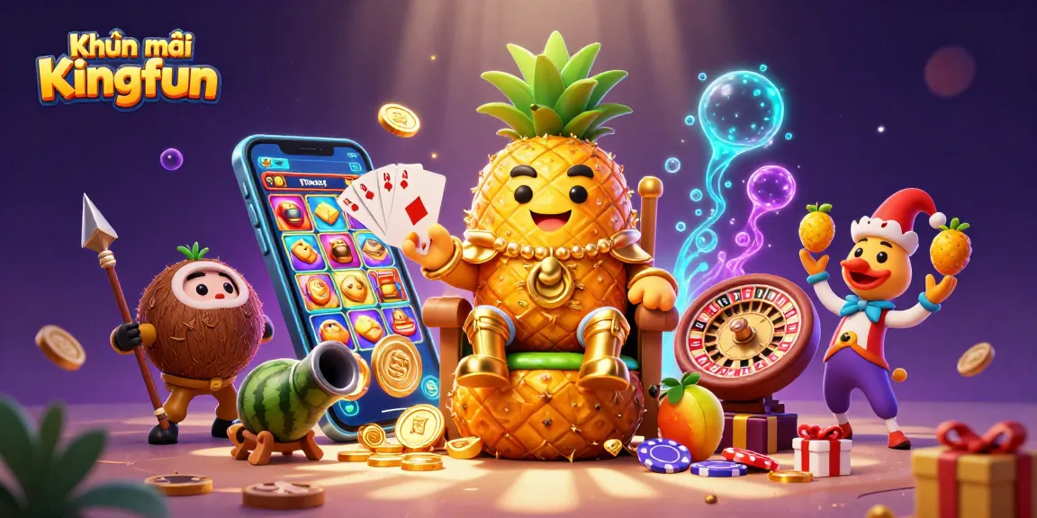 Experience the excitement of Khuyến mãi Kingfun as the golden pineapple king rules the beach casino in an engaging 3D illustration.