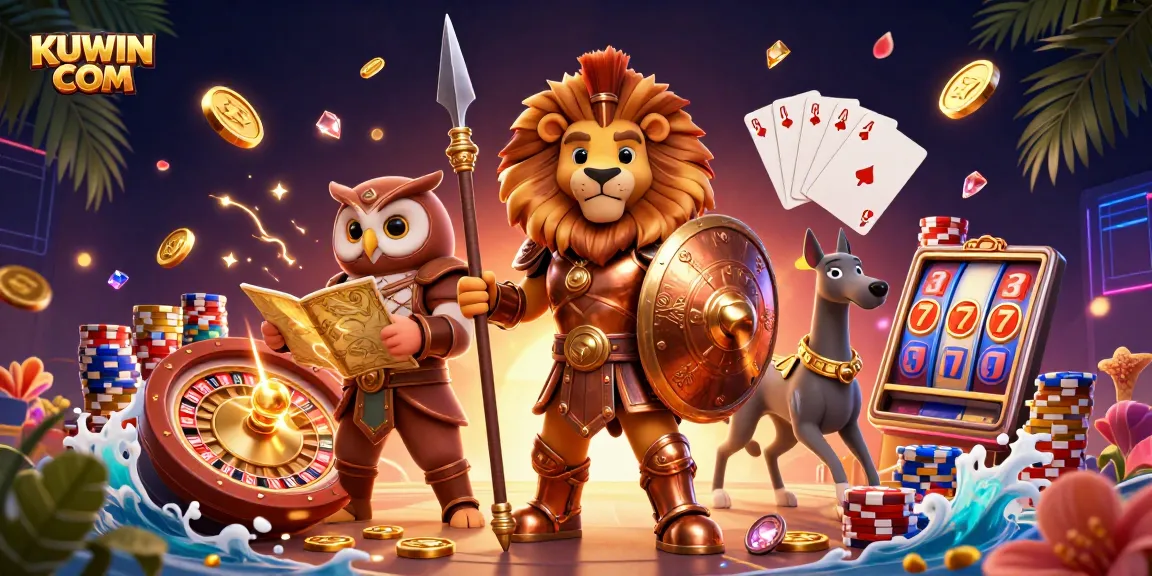 Win big with KUWIN COM in a vibrant casino scene featuring a Spartan lion, owl strategist, and greyhound.