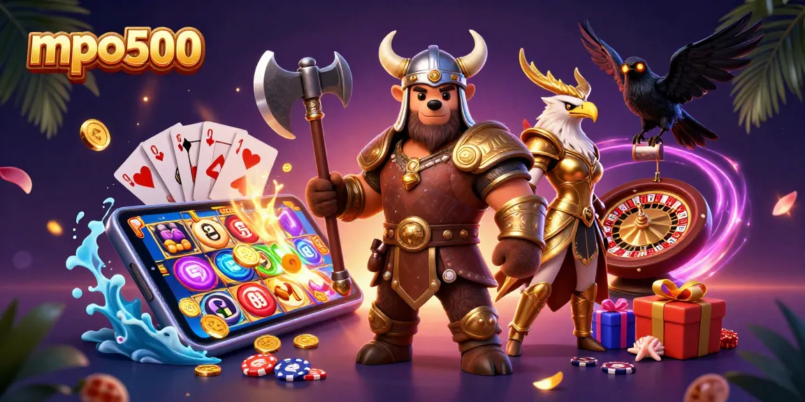 Spin the reels at mpo500 with Viking bear, Valkyrie eagle, and casino games in vibrant 3D art.