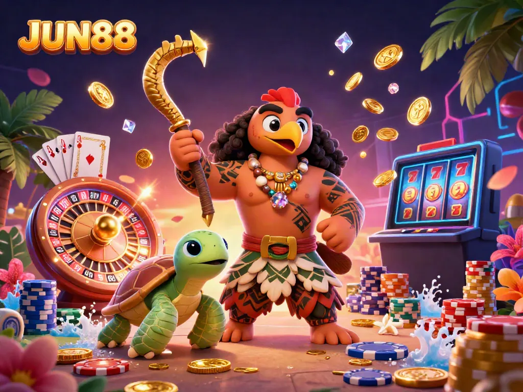 Experience the thrill of JUN88 with a vibrant 3D scene featuring dynamic casino elements like a roulette wheel, golden coins, and tropical motifs.