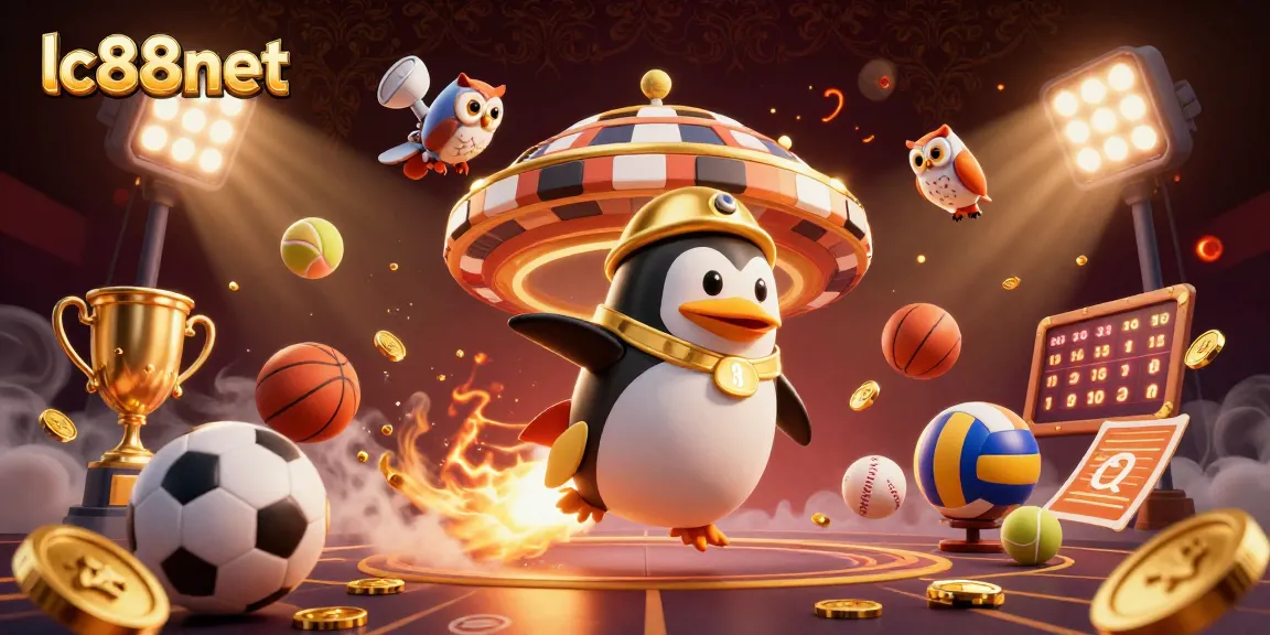 Engage with lc88net's vibrant casino world through a golden penguin and sports-themed 3D illustration.