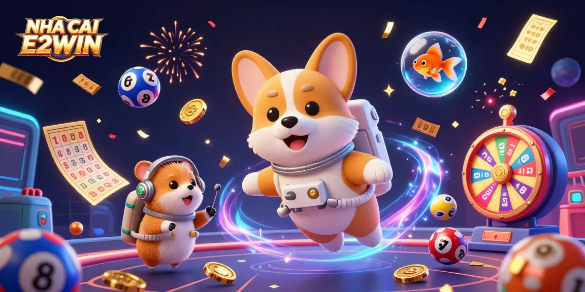 NHA CAI E2WIN showcases a vibrant casino scene featuring a cartoon astronaut corgi in space amidst exciting gambling elements.