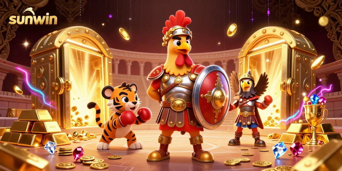 Win big with sunwin in this dynamic 3D casino-themed scene featuring a gladiator rooster.
