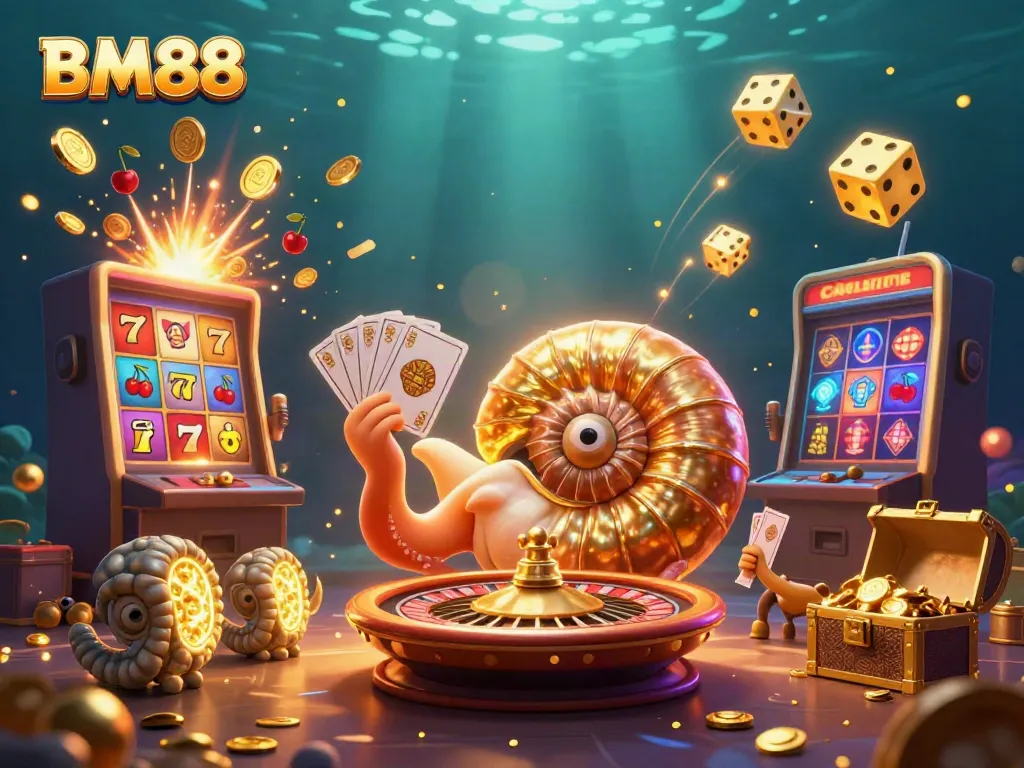 Engage the excitement of BM88 with a dynamic 3D illustration of a giant nautilus and casino elements.