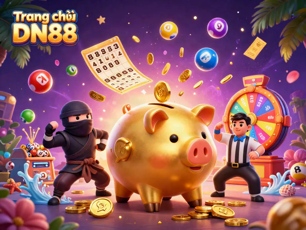 Play exciting lottery and casino games at Trang chủ DN88, featuring dynamic colorful elements and engaging characters.