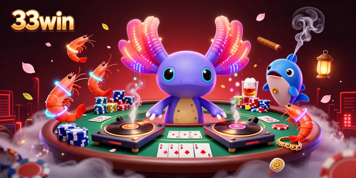 Engage in the vibrant world of 33win casino with a neon axolotl DJ and lively gaming elements.