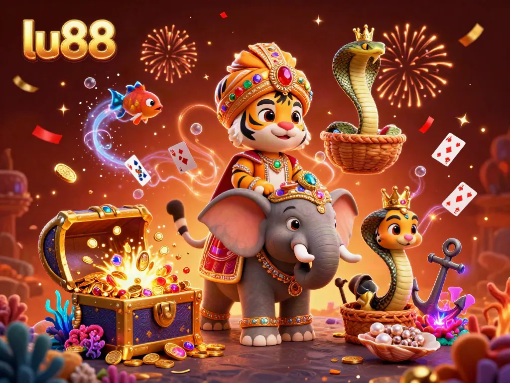 Experience LU88's vibrant gaming adventure with a cartoon maharaja tiger amidst riches and excitement.