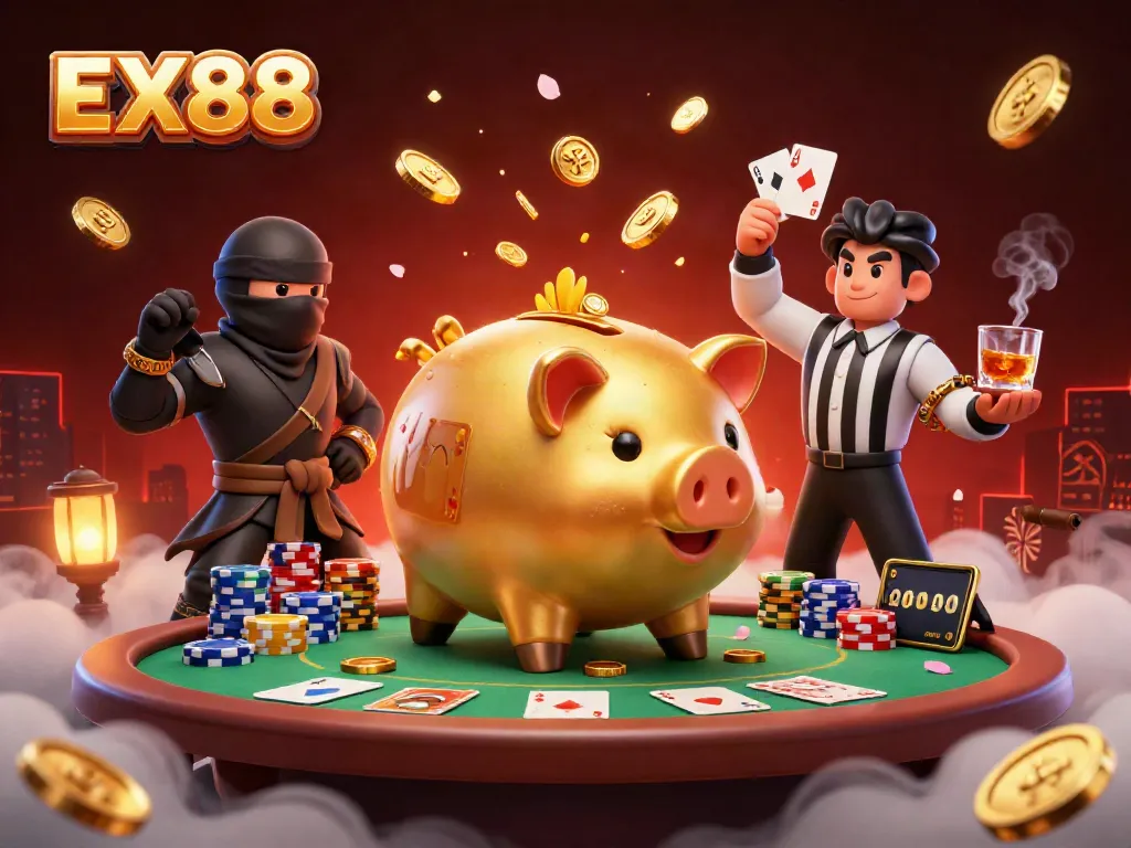 Exciting scene with EX88 golden piggy bank sumo wrestler shaking coins around poker elements