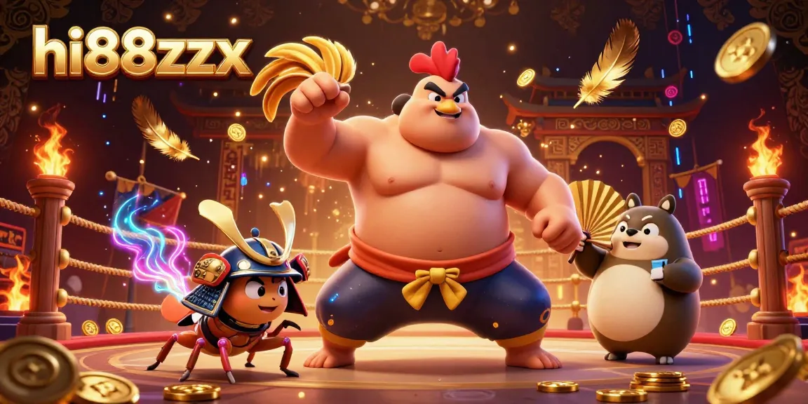 Experience thrilling action with hi88zzx showcasing a powerful sumo rooster and fierce cricket in a vibrant casino.