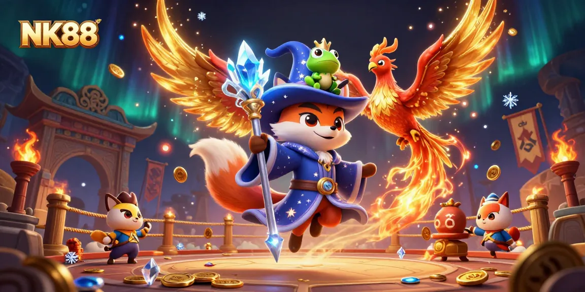 Engage with thrilling games at NK88, featuring a mystical fox wizard and a phoenix companion.