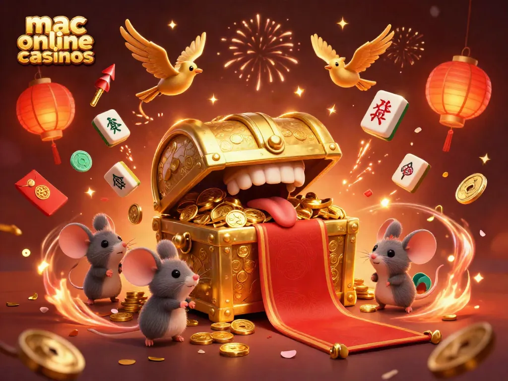 Engage with mac online casinos in a vibrant 3D scene filled with lucky treasures and festive elements.