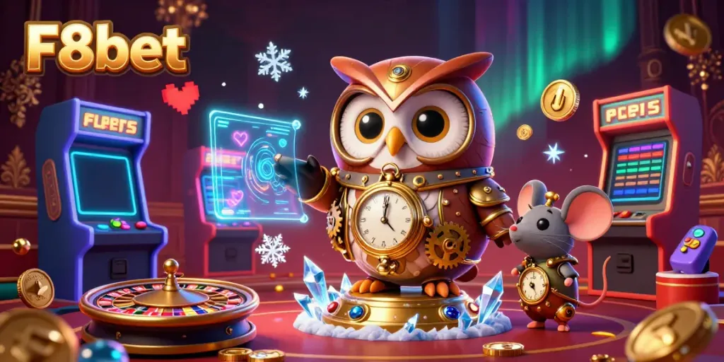 Experience the thrilling world of F8bet with a steampunk owl and arcade elements in a vibrant casino scene.