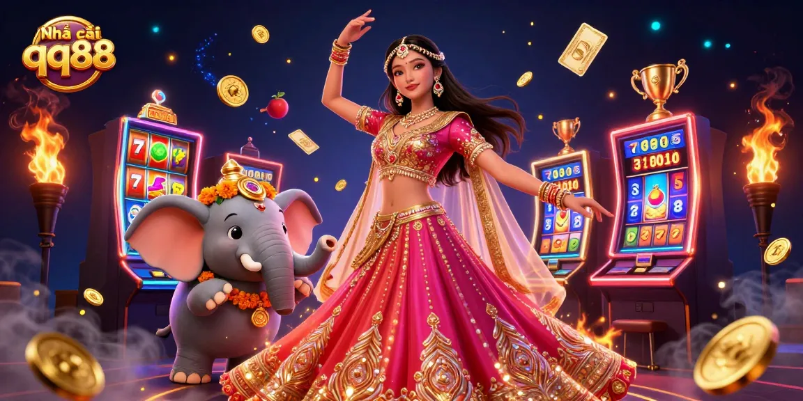 Engage with Nhà cái qq88 for exciting online slots gameplay featuring a vibrant scene of colorful slot reels and coins.