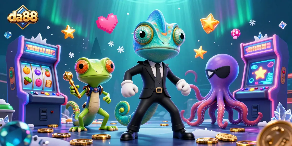 Experience thrilling gameplay at da88 with animated 3D casino characters amidst vibrant slots.
