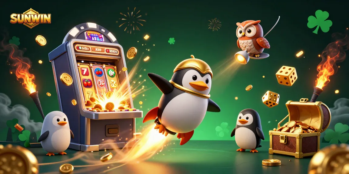 SUNWIN slots and games illustrated with a golden penguin and casino elements amidst a vibrant space backdrop.