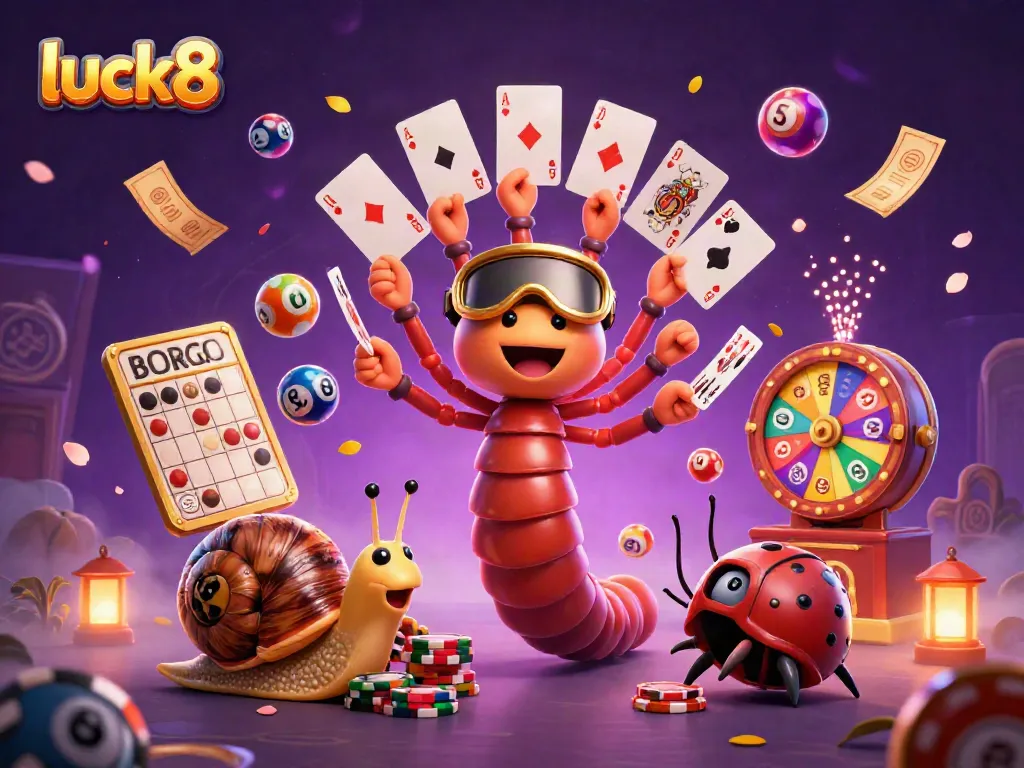 Experience luck8 with a vibrant casino scene featuring a millipede dealer and colorful lottery elements.