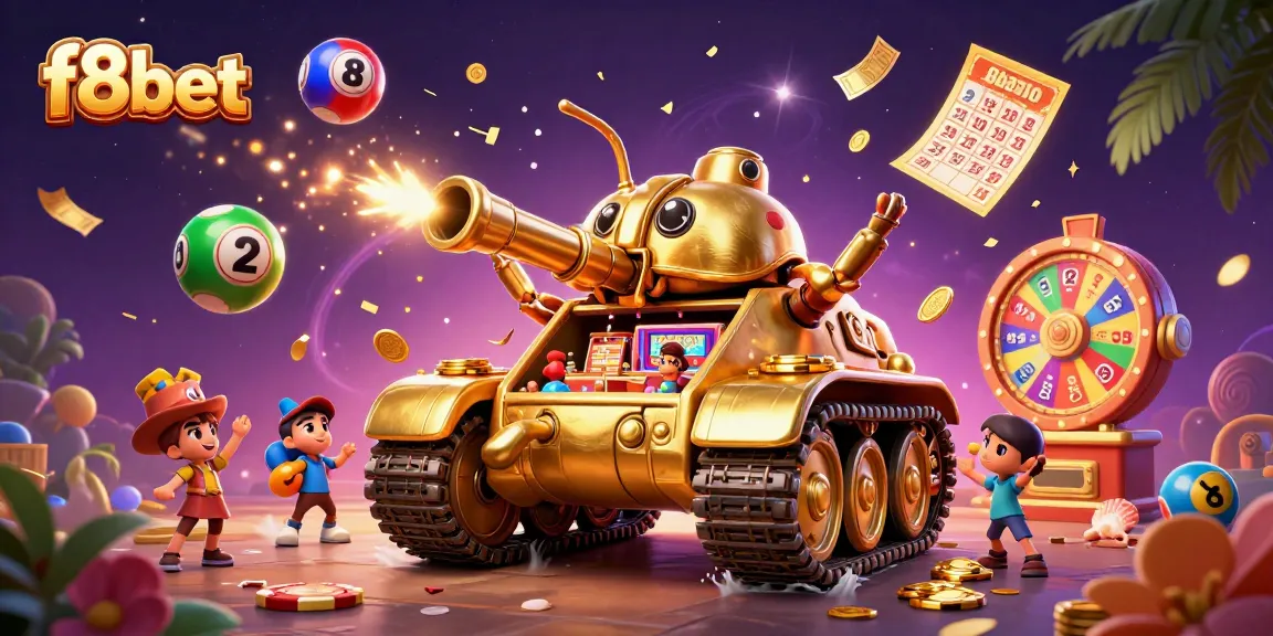 Experience f8bet's vibrant casino world through a colorful 3D illustration of gaming elements.