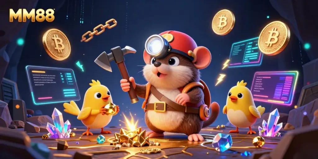 Engage with MM88 through thrilling gameplay with gold and colorful crypto elements