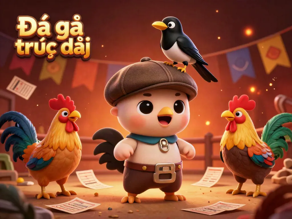 Experience live cockfighting action with Đá gà trực tiếp at an exciting arena featuring vibrant characters and betting slips.