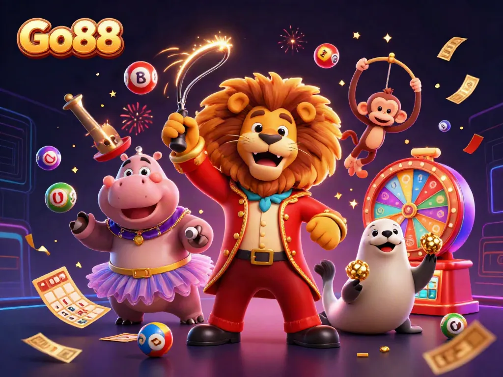 Go88's vibrant gaming scene with a cartoon circus lion and energetic characters celebrating exciting wins.