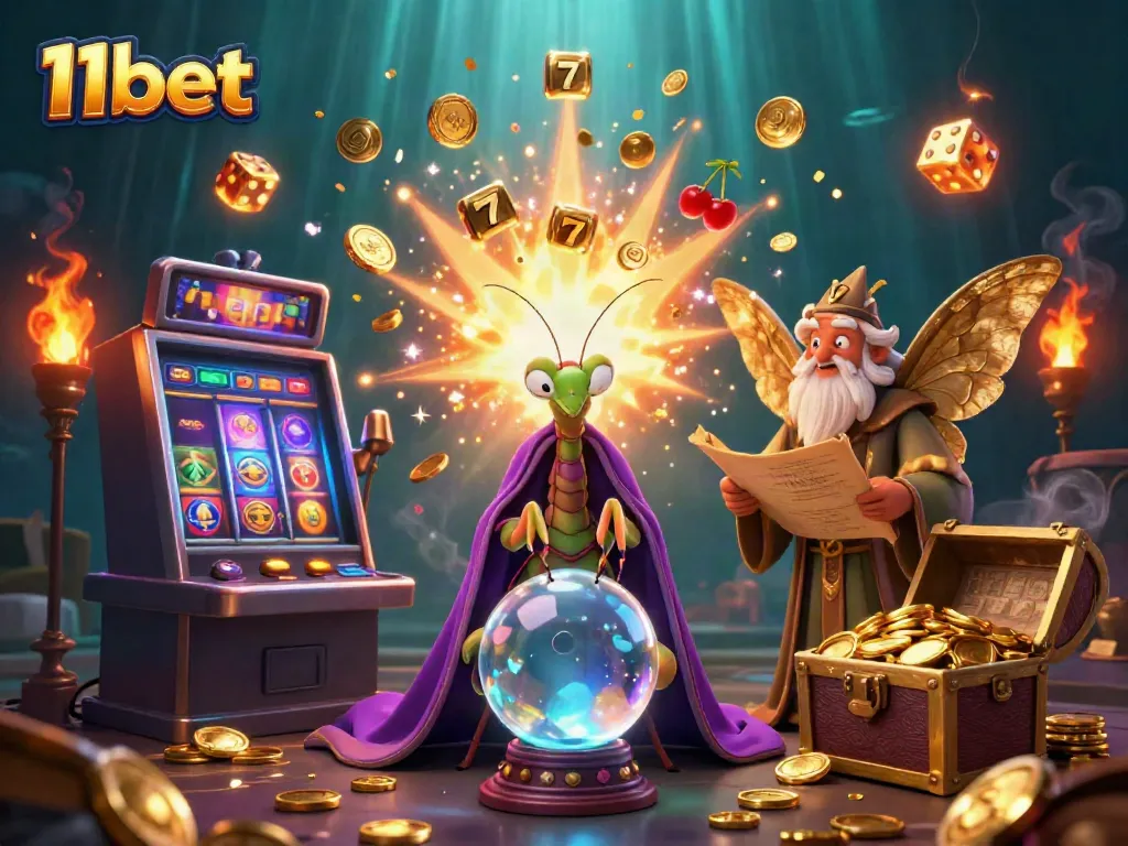 Engage in thrilling casino adventures with 11bet featuring a vibrant scene of mystical characters and jackpot rewards.