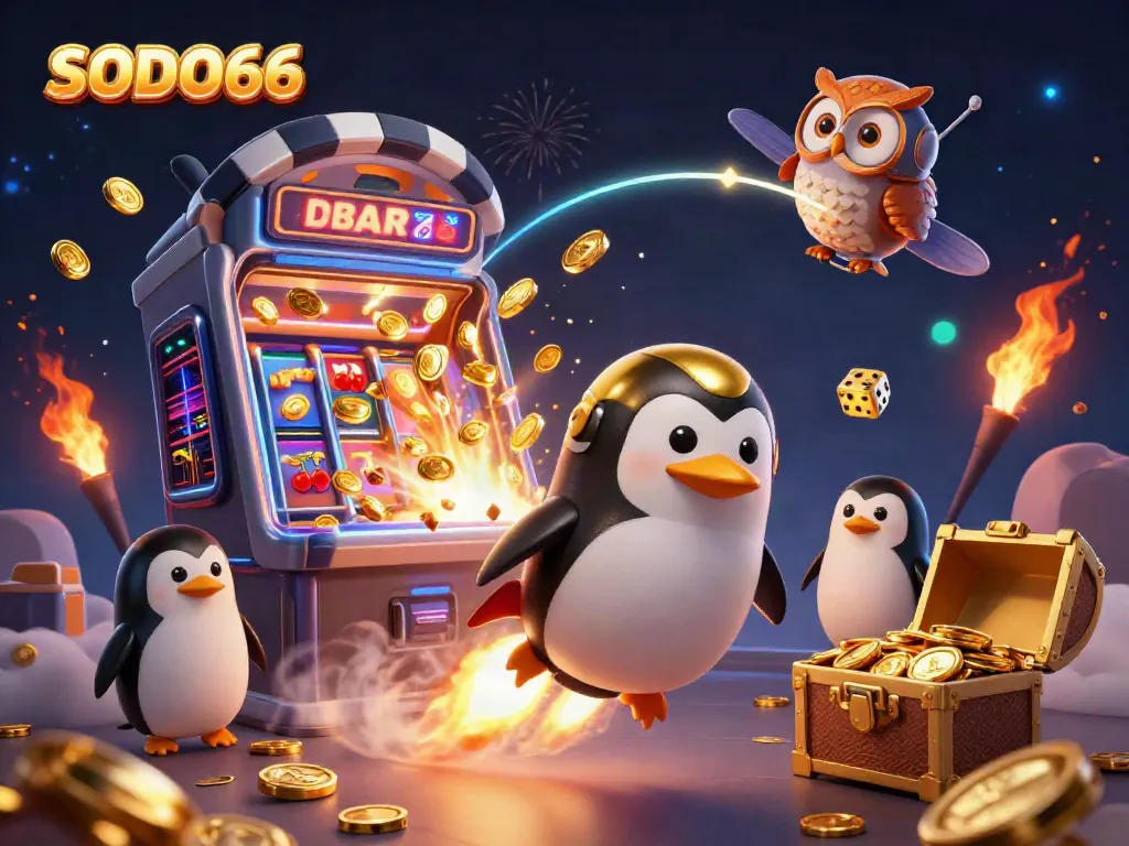 Experience the excitement of SODO66 as the golden penguin races to a casino station amidst jackpots and fun elements.
