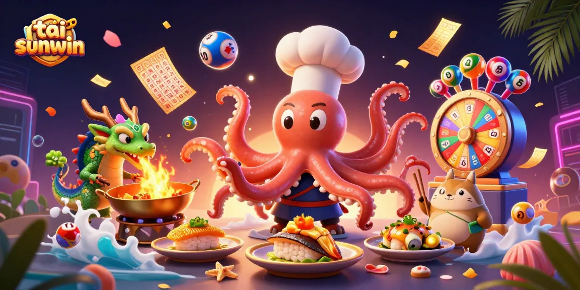 Tải sunwin offers exciting gameplay with an animated octopus chef and vibrant lottery elements, showcasing engaging casino entertainment.