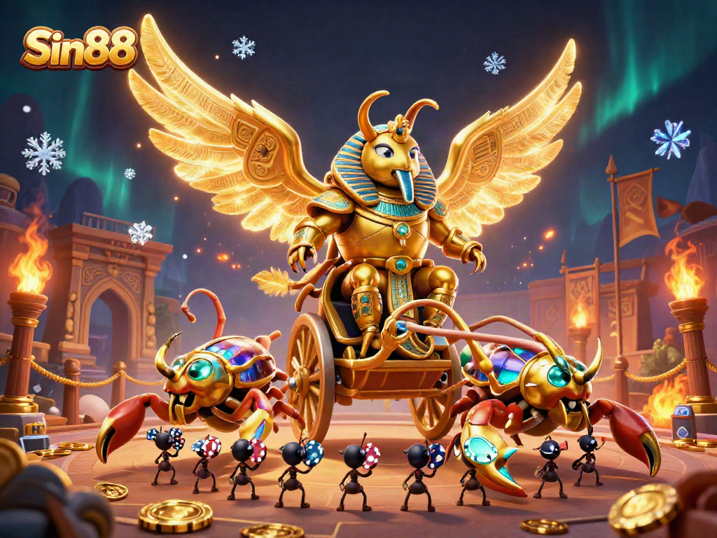 Sin88 brings exhilarating casino thrills with a dynamic scene of golden beetles and poker chips in action.