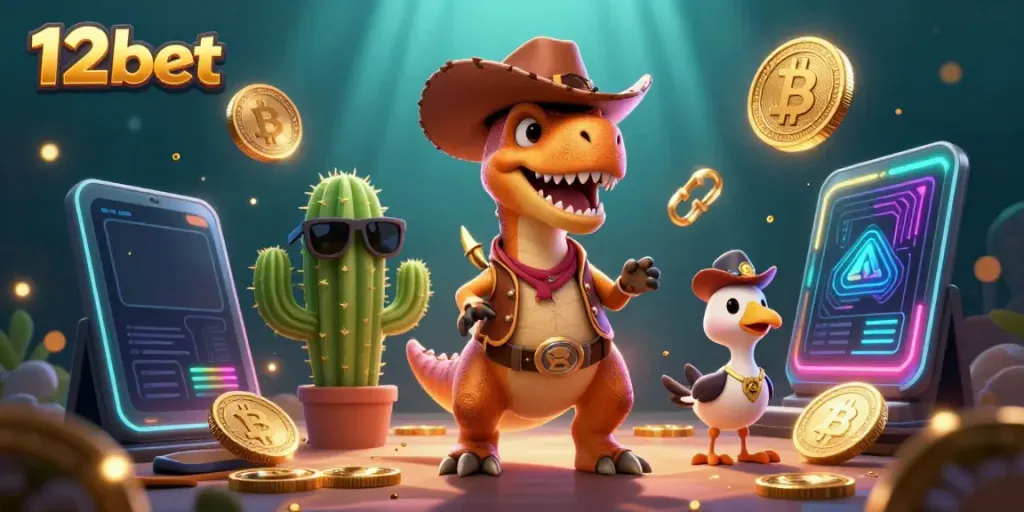 Engage with 12bet's thrilling universe featuring a T-Rex cowboy and crypto elements.