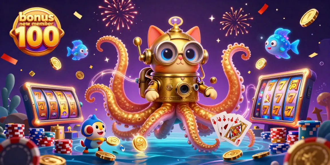 Engage with the exciting bonus new member 100 in a vibrant casino-themed illustration.