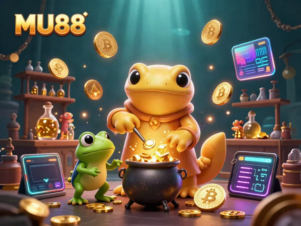 Experience MU88's magical world where gold coins and crypto collide in a lively casino setting.