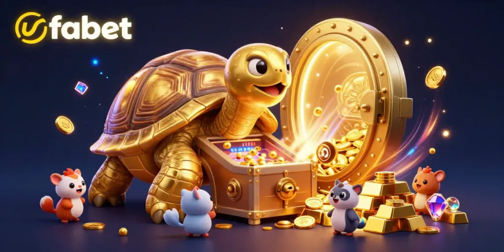 Play exciting games at ufabet featuring a majestic tortoise pinball machine amidst treasures and a vibrant atmosphere.