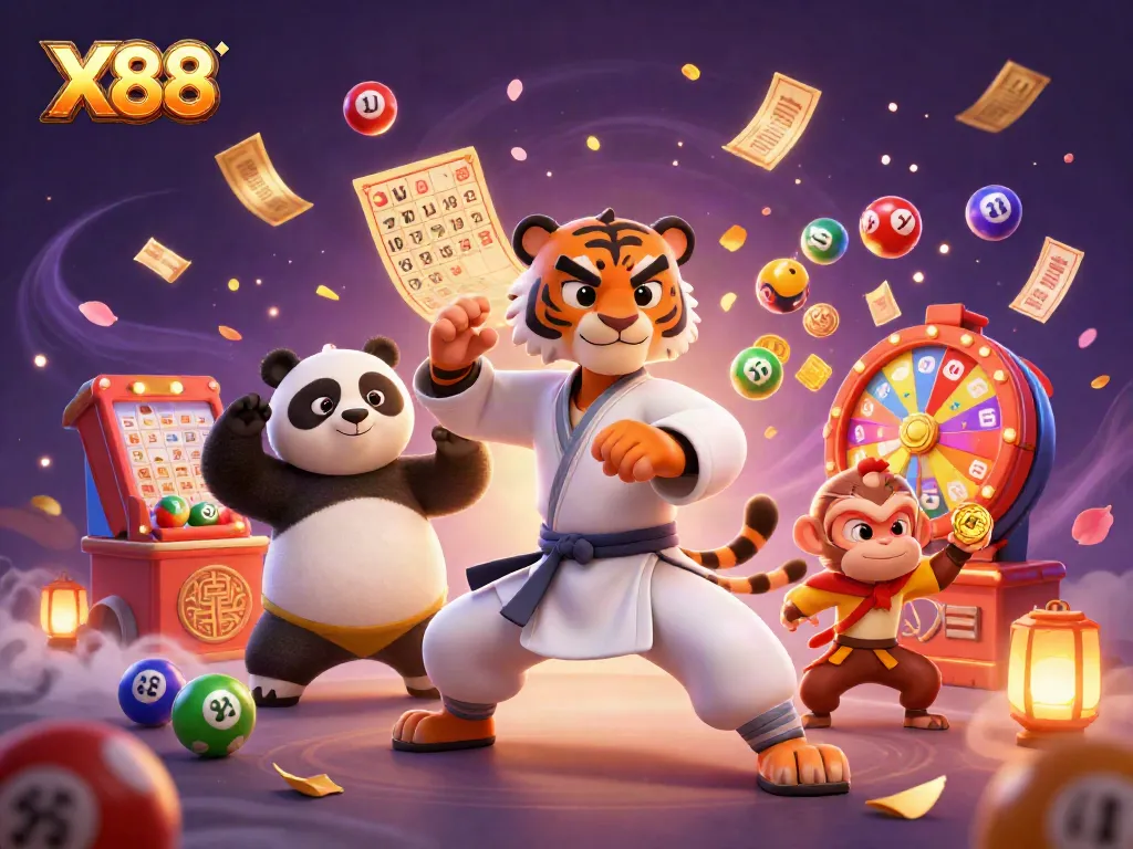 X88 brings excitement with a kung fu tiger master and friends amidst dazzling lottery elements.