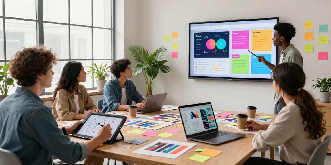 Team collaborating on the mixboard ai in a vibrant creative workspace, showcasing design and brainstorming activities.