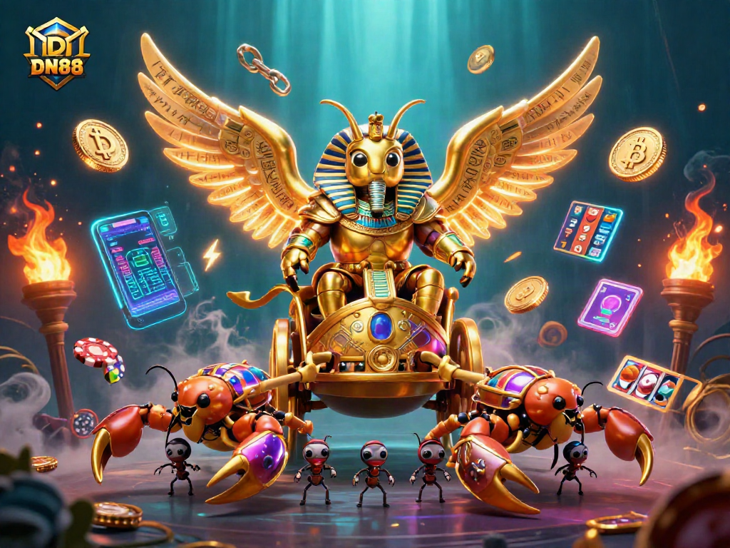 Experience thrilling gameplay with DN88 as golden scarabs ride chariots amidst casino riches.