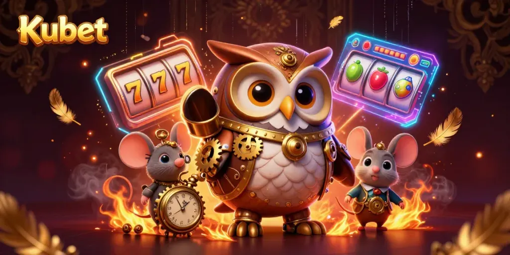 Kubet's vibrant 3D casino scene featuring a time-traveling owl and a clockwork mouse amidst slot machines and rich casino elements.