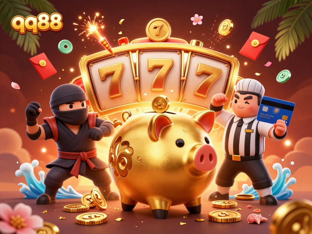 Celebrities at qq88 engage in thrilling slot play with a sumo wrestler, ninja, and referee in an animated scene.