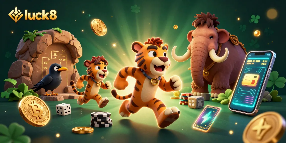 Join the thrill at luck8's vibrant casino, where a caveman duo and a clever crow bring gaming to life.