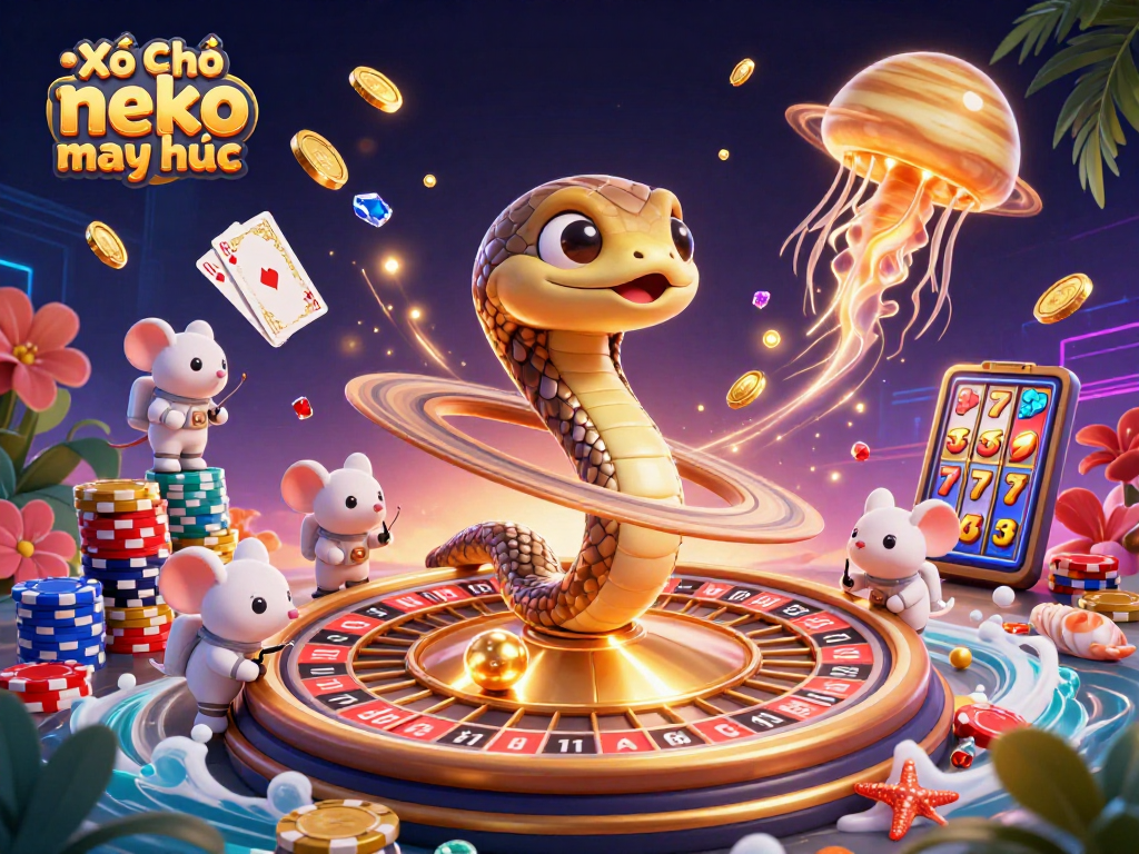 Bet on Xổ Số neko may mắn with vibrant cosmic elements in a 3D cartoon casino scene.