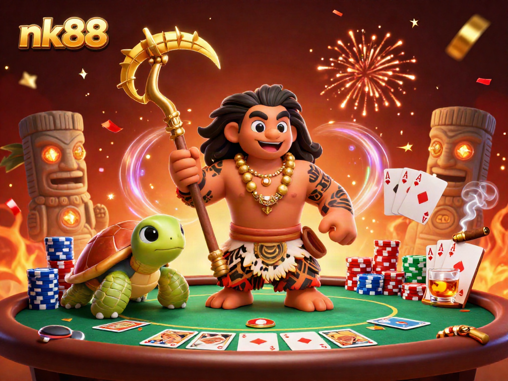 nk88 showcases vibrant casino action with a demigod and a turtle amidst poker elements.