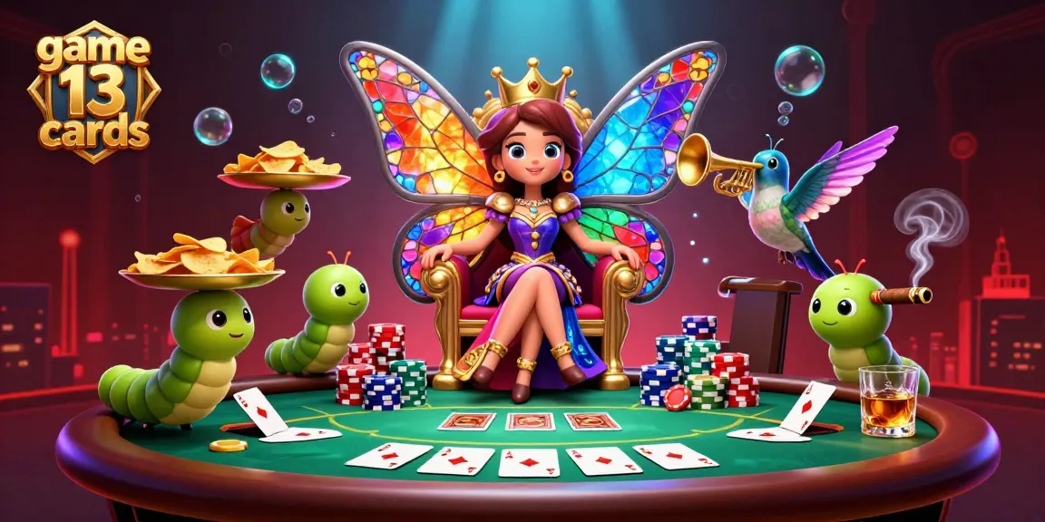 Engage in game 13 cards around a colorful poker table surrounded by vibrant characters.
