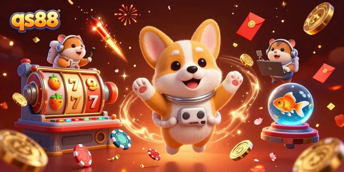 Experience fun gaming action at qs88 with floating slot machines and cheerful characters in vibrant colors.