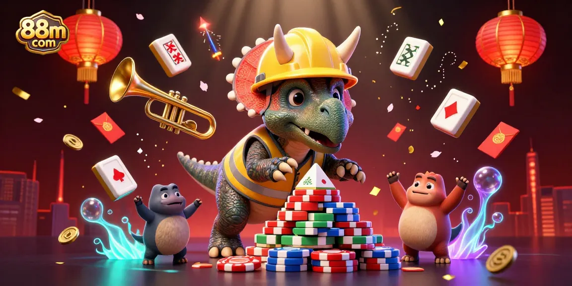 Engage with 88m com in a vibrant casino scene featuring a jubilant triceratops creating a poker chip pyramid, surrounded by festive elements.