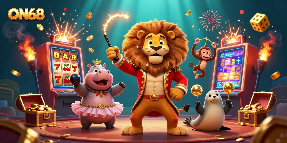 Engage with ON68's vibrant casino scene featuring a cartoon lion, hippo, monkey, and seal.